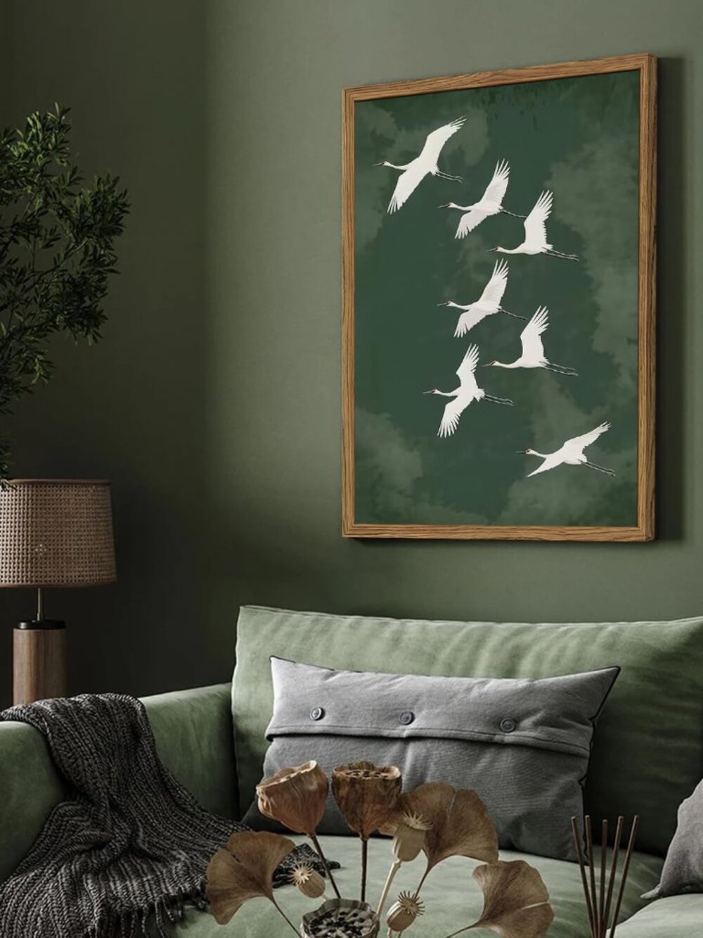 Framed Japanese Flying Cranes Wall Art, Vintage Bird Pictures Wall Decor Paintin - Picture 8 of 9
